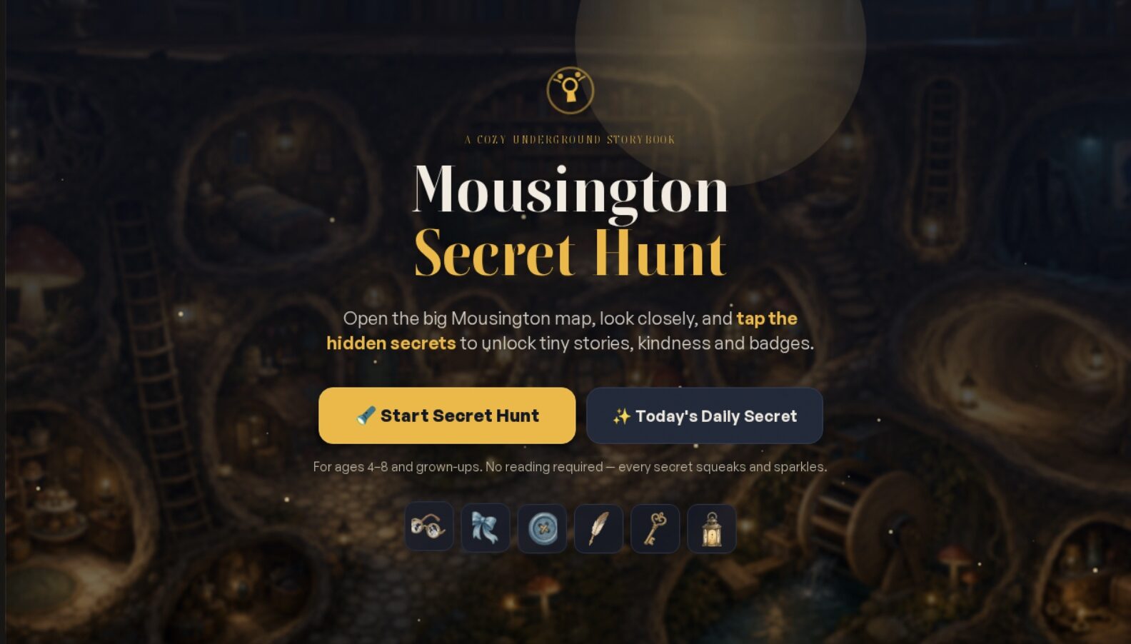 Mousington Secret Hunt — a cozy underground storybook map glowing with candlelight and hidden treasures to discover.